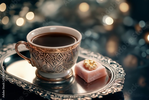 Obraz na płótnie Traditional Turkish coffee in a decorative cup with saucer, on wooden table with scattered coffee beans on slightly blurred background. Concept of warmth and traditions of Turkish coffee culture. w salonie