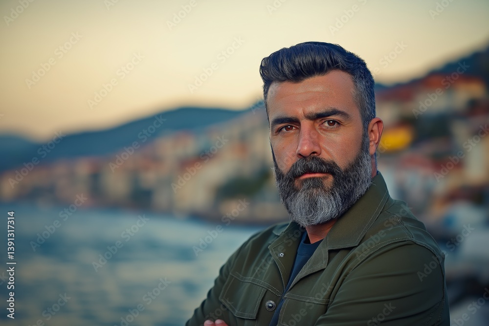 A bearded Turk with a gaze in a shirt stands against a blurred background of the Mediterranean coast, a travel concept and lifestyle.