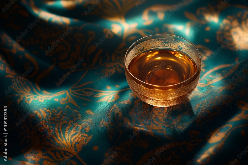 Glass bowl for Turkish tea on blue fabric with gold inserts with copy space.