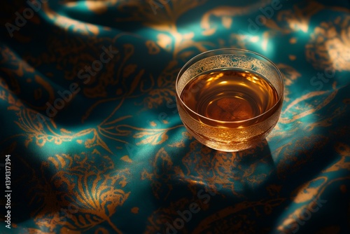 Obraz na płótnie Glass bowl for Turkish tea on blue fabric with gold inserts with copy space. w salonie