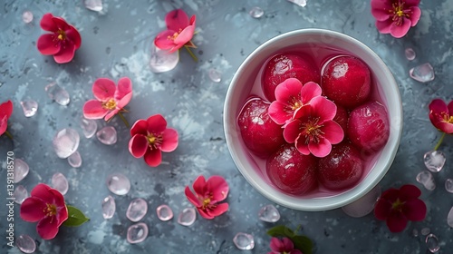 Indian gulab jamun soaked rose syrup served in a white bowl top down view