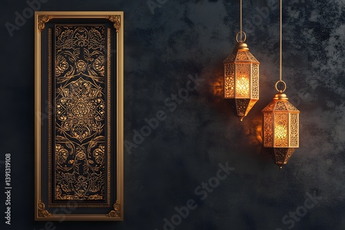 Elegant Ramadan Decor Intricate Gold Lanterns and Ornate Wall Art Against a Dark Textured Background