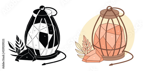 Himalayan Salt Lamp Golden vector art shows a ship, bird, and cage, isolated holiday objects