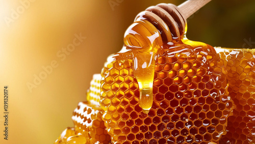 A close-up of golden honeycombs dripping with fresh honey. The rich texture and natural amber tones make this image ideal for packaging, advertising, honey product branding, organic cosmetics, and bee