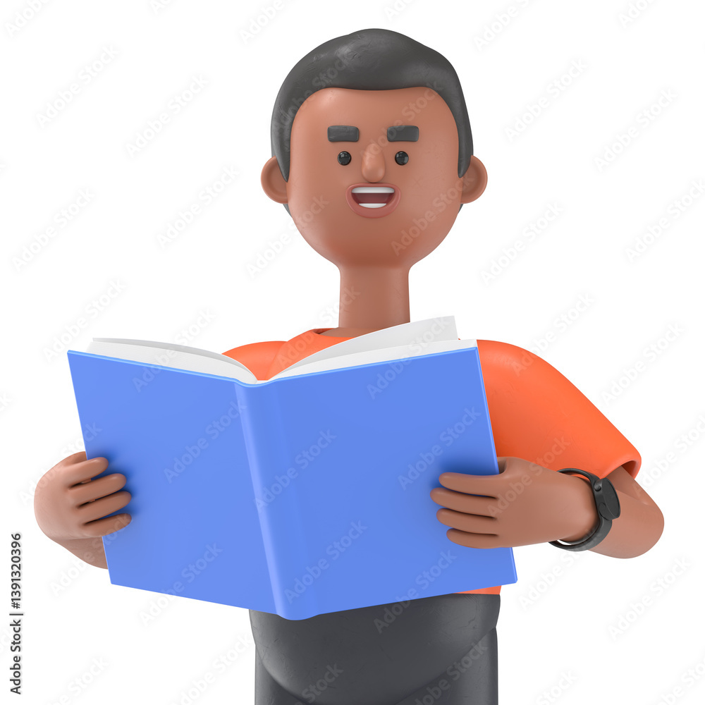 3D illustration of handsome afro man David with book.Transparent Background Mockup.Supports PNG files with transparent backgrounds. 3D illustration of handsome afro man David with book.Transparent Background Mockup.Supports PNG files with transparent backgrounds.