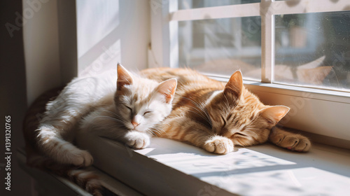 Cats Resting On Sunny Windowsill