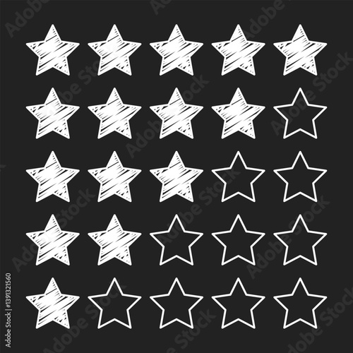 White chalk-style drawing of a five-star rating system on a dark blackboard background, with increasing filled stars. Represents feedback, review, and quality assessment.