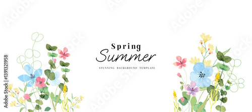 Abstract spring floral art background vector illustration. Watercolor hand painted botanical flower, leaves, eucalyptus, wildflower. Design for wallpaper, banner, card, print, wedding.