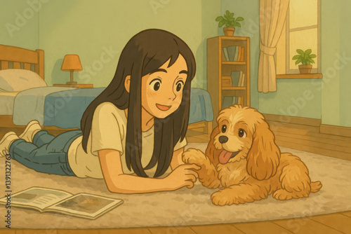 A cheerful girl bonding with her adorable dog in a cozy bedroom. The scene is warm and inviting, with soft lighting and a relaxed atmosphere.