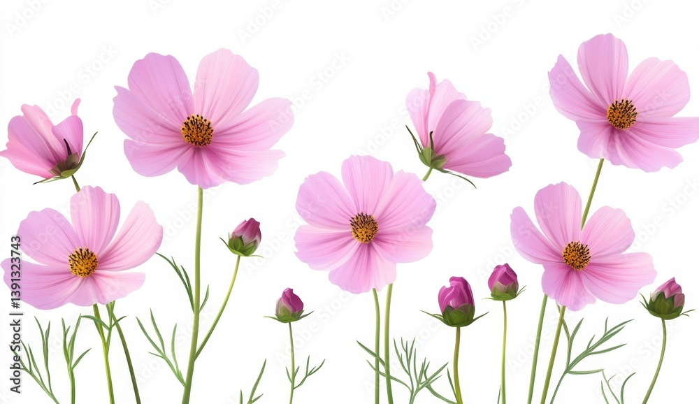 Delicate pink cosmos flowers, arranged in a horizontal display, with detailed illustrations of blossoms and buds. Soft, pastel shades, set against a plain white background Delicate pink cosmos flowers, arranged in a horizontal display, with detailed illustrations of blossoms and buds. Soft, pastel shades, set against a plain white background