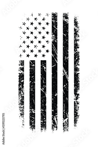 Distressed, grunge-style vertical black and white illustration of the American flag with stars and stripes on a white background. Represents patriotism, USA, and a worn, symbolic look.