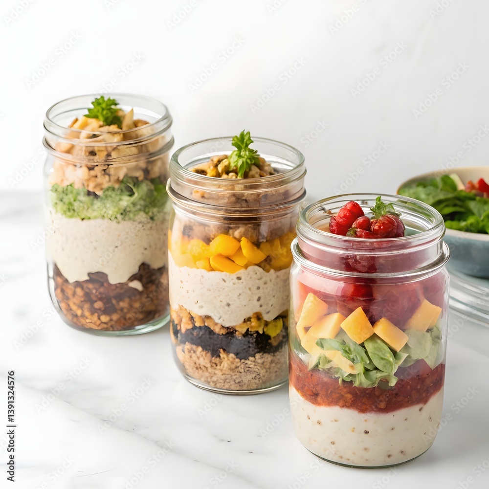 Mason Jar Meals in Layers on White Background Mason Jar Meals in Layers on White Background