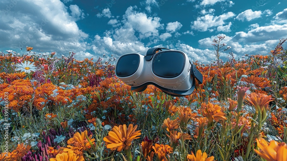 VR headset floats above vibrant wildflowers under a bright sky.