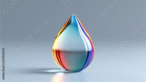 A colorful, reflective water droplet rests on a smooth surface, showcasing a spectrum of hues and a sleek teardrop shape.