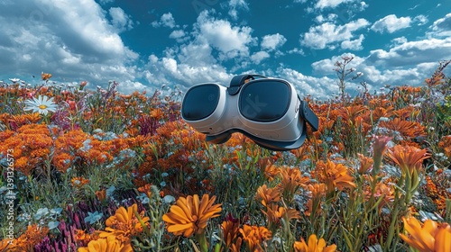 Obraz na płótnie VR headset floats above vibrant wildflowers under a bright sky. w salonie