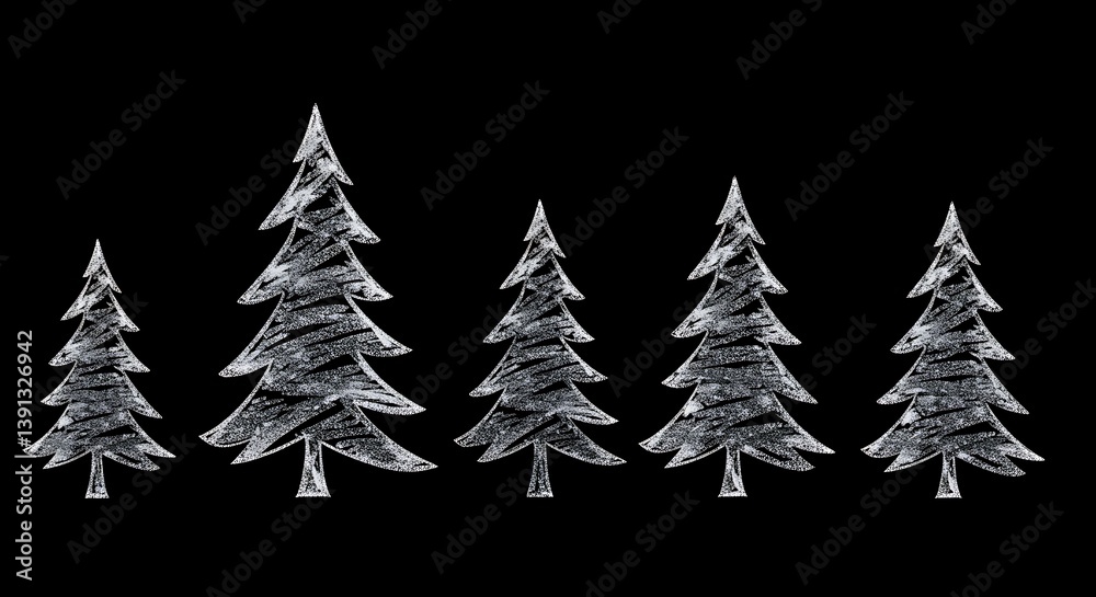 Obraz premium Hand-drawn white Christmas trees on black