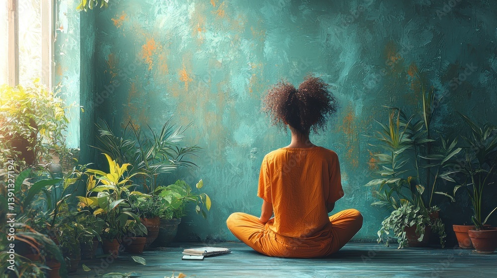 Woman meditating in a plant-filled room.