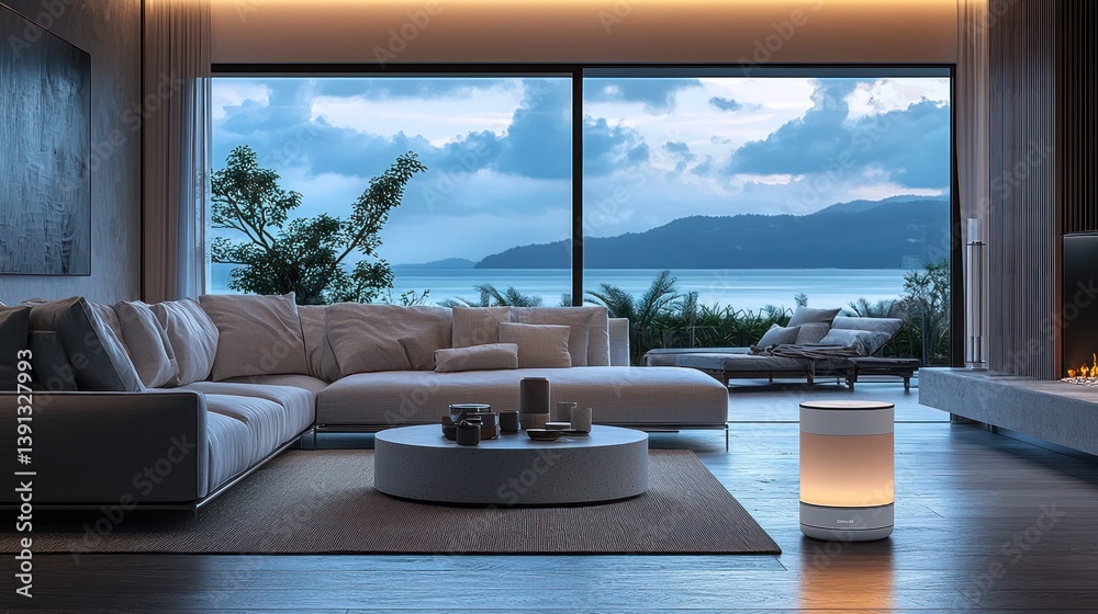 Modern living room with ocean view at dusk.