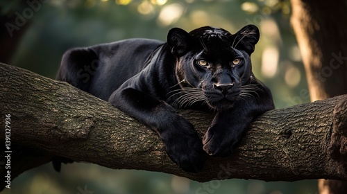 A black panther resting serenely on a large sturdy tree branch