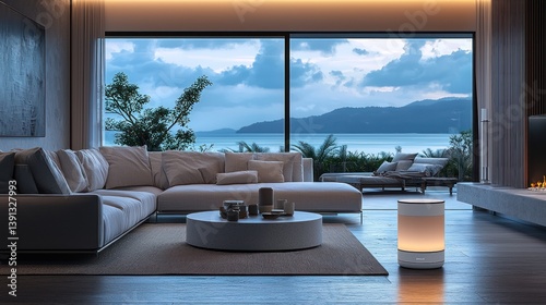 Obraz na płótnie Modern living room with ocean view at dusk. w salonie