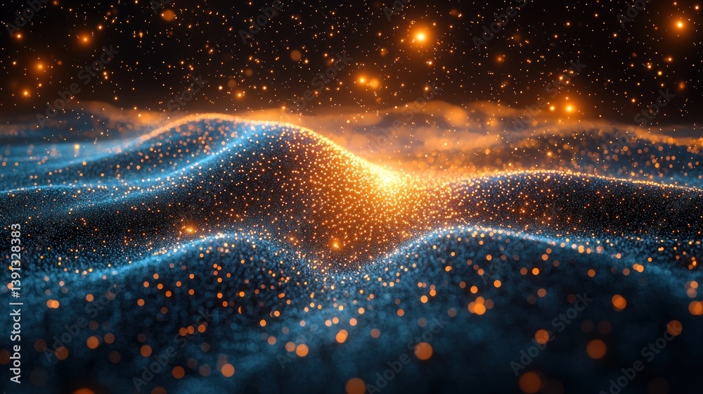 Abstract glowing particle wave, dark background.