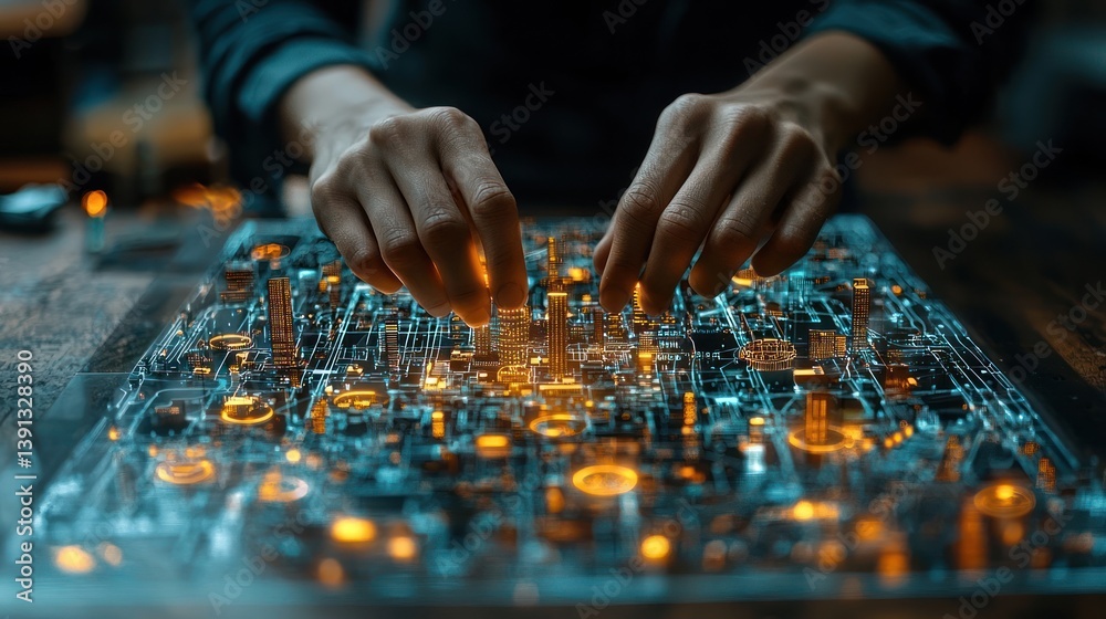 Hands interacting with glowing circuit board.
