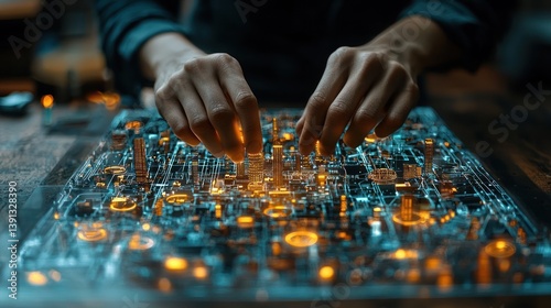 Obraz na płótnie Hands interacting with glowing circuit board. w salonie