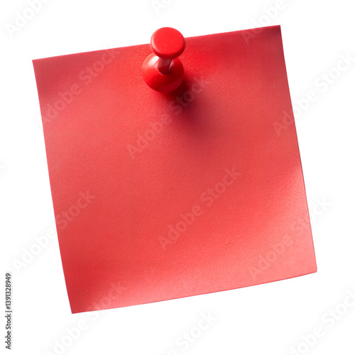 red sticky post it note with red pushpin isolated on transparent background