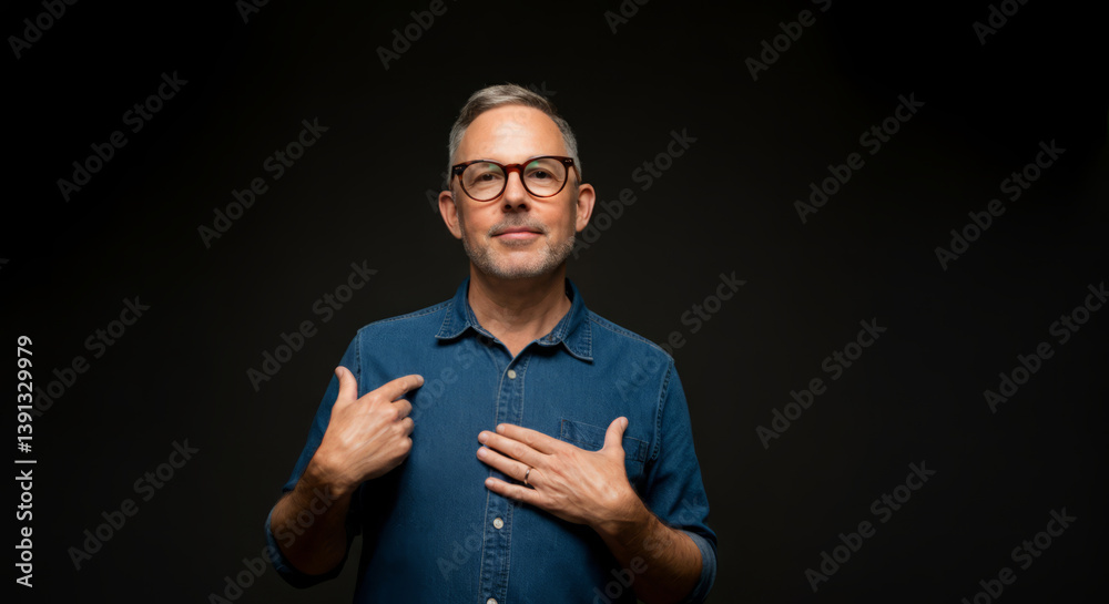 Fototapeta premium Confident adult caucasian male with glasses in denim shirt on black background