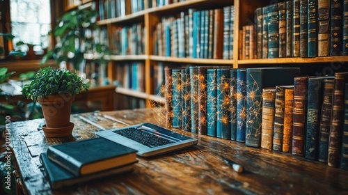 Laptop and books on wooden desk in library.