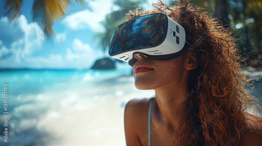 Woman using VR headset on tropical beach.