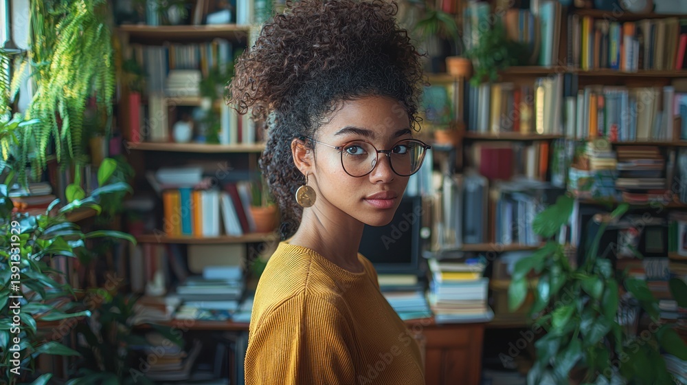 Confident young woman with curly hair in a library.