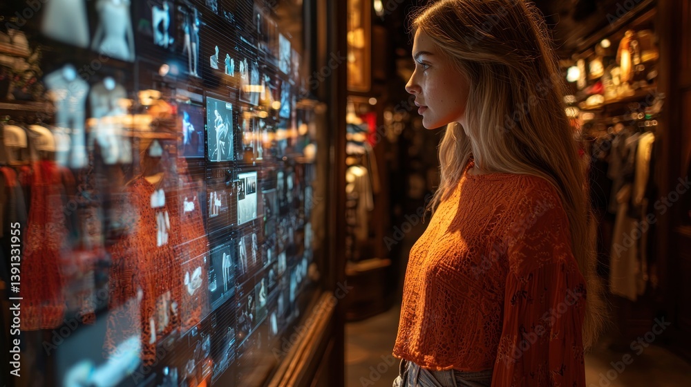 Woman browsing interactive digital display in clothing store.