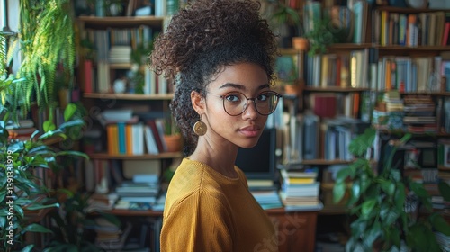 Obraz na płótnie Confident young woman with curly hair in a library. w salonie