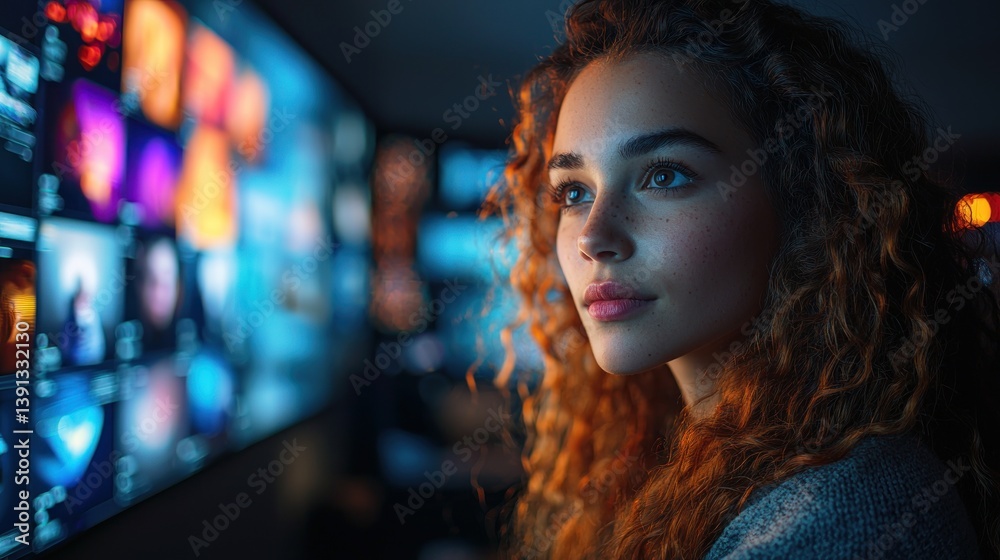 Woman with curly hair looking at a vibrant digital display.