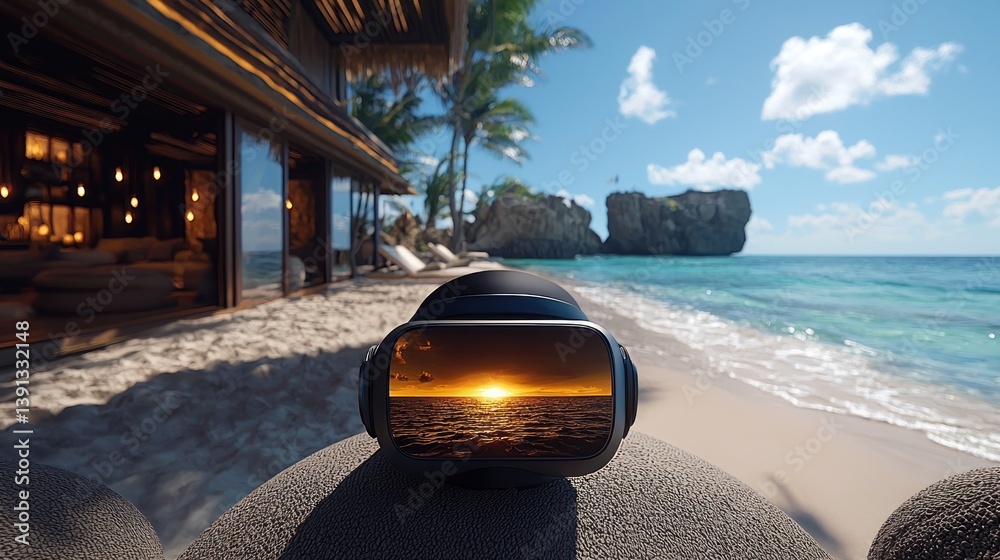 VR headset on beach showing sunset & villa.