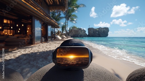 Obraz na płótnie VR headset on beach showing sunset & villa. w salonie