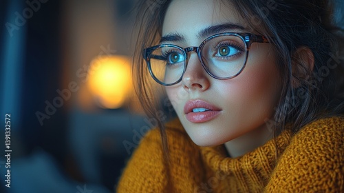 Obraz na płótnie Close-up portrait of a young woman with glasses, looking thoughtfully. w salonie