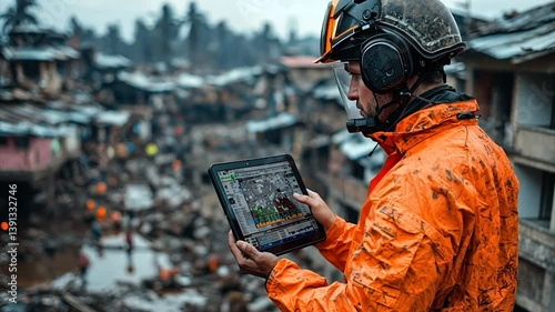 First responder assesses disaster zone using a tablet displaying a map