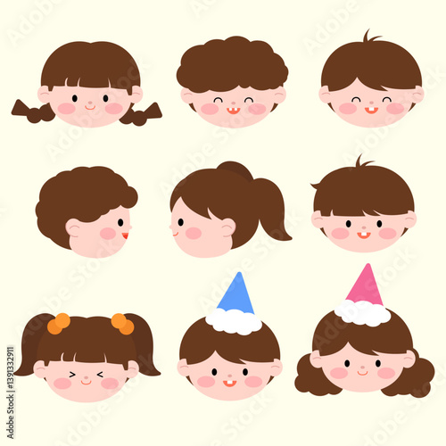 귀여운 만화 어린이 얼굴 세트