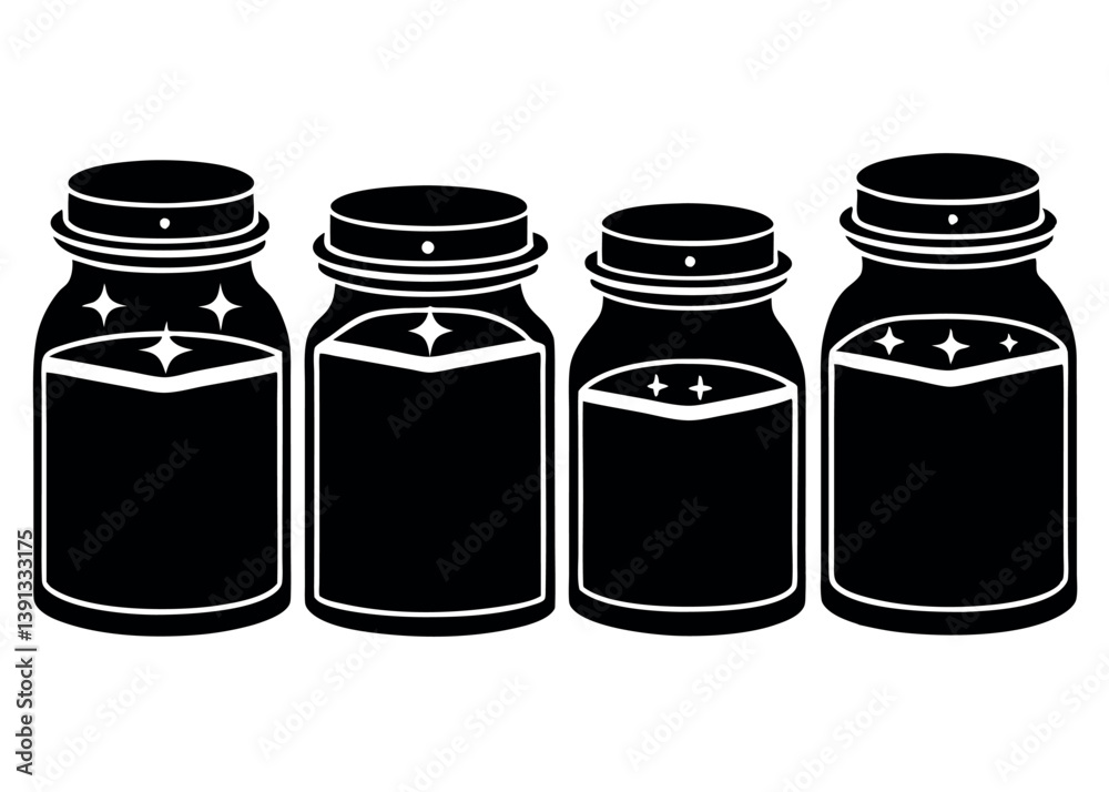 Glass Jars Filled With Various Ingredients Displayed in a Line on a Kitchen Shelf Glass Jars Filled With Various Ingredients Displayed in a Line on a Kitchen Shelf