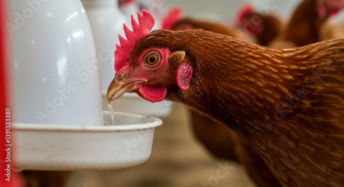 A hen drinking water on a rural farm setting.