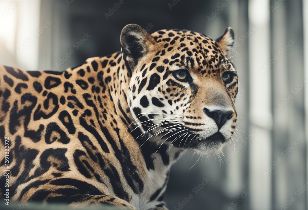 Naklejka premium front animal shadow isolated white view jaguar wild prowling spot jungle background wildlife carnivorous mammal eye walking looking panther felino gracious carnivore spotted strength prowl power cat