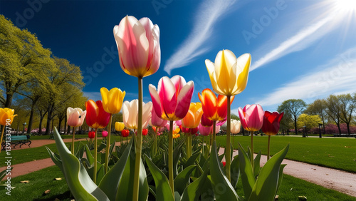 red and yellow tulips bloom in park 