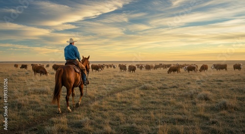 A cowboy on horseback herding cattle at sunset.