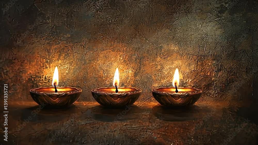Three lit oil lamps on textured background