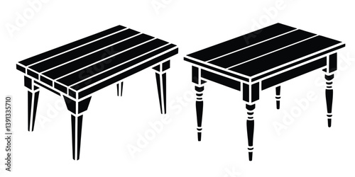 Reclaimed Two brown wooden Table and a third empty wooden seat, isolated objects for outdoor relax furniture