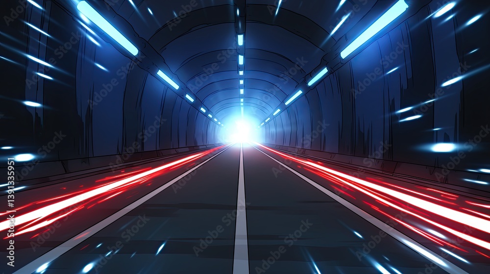 A dark tunnel illuminated by a series of bright lights creating an engaging sense of environment and visual interest A dark tunnel illuminated by a series of bright lights creating an engaging sense of environment and visual interest