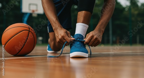 A player tying shoes on a basketball court.