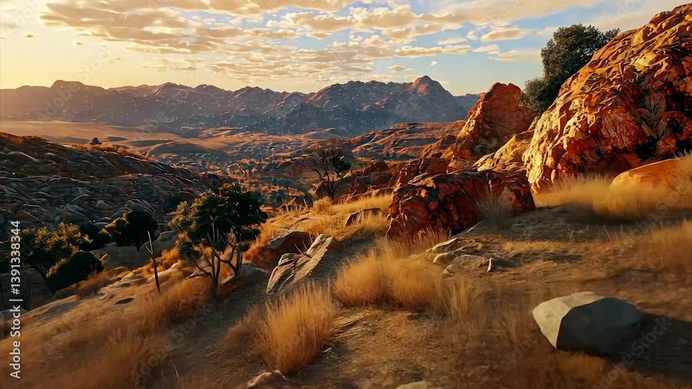 Golden hour illuminates a vast, arid landscape featuring rugged mountains, sparse vegetation, and red rock formations
